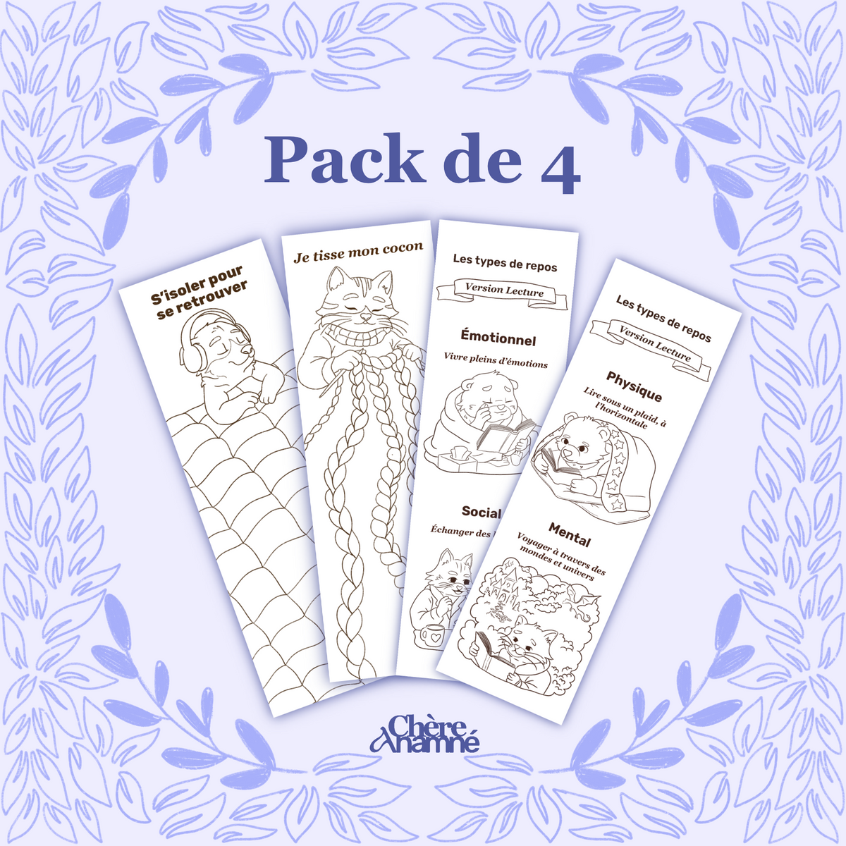 Pack de 4 marque-pages à colorier - « Les compagnons du repos »